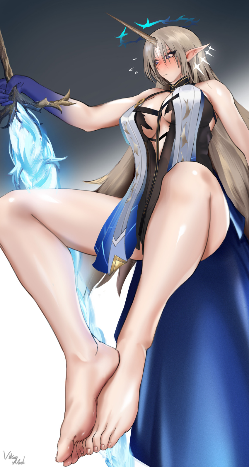 1girl, absurdres, barefoot, blonde_hair, blue_eyes, blush, cartethyia_(wuthering_waves), feet