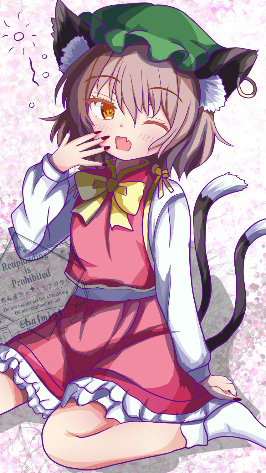 1girl, absurdres, brown_eyes, brown_hair, chen, commentary_request, halmist, hand_up, hat, highres, mob_cap, nail_polish, nekomata, one_eye_closed, sitting, solo, squeans, touhou, wariza