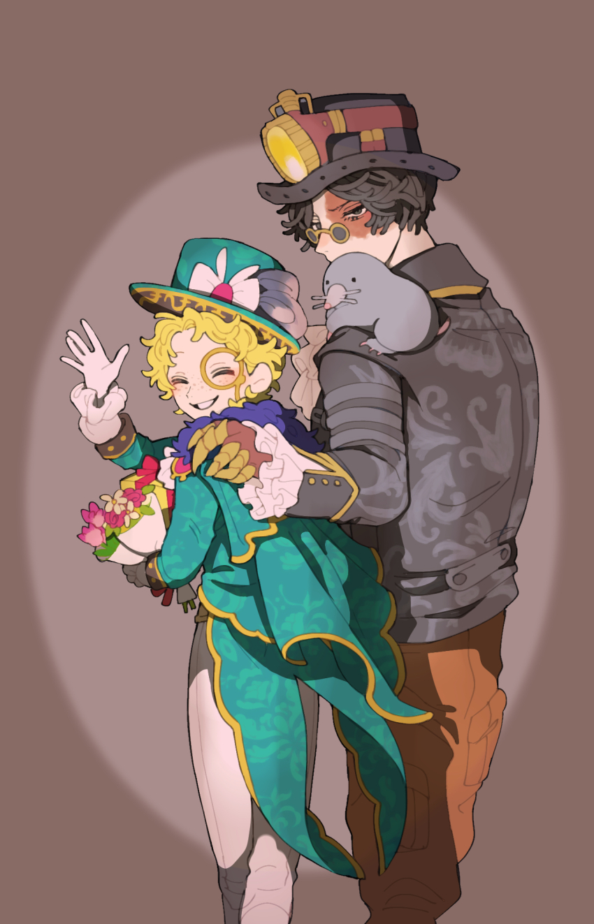 2boys, animal, animal_on_shoulder, aqua_jacket, black_hair, black_jacket, blonde_hair, bouquet