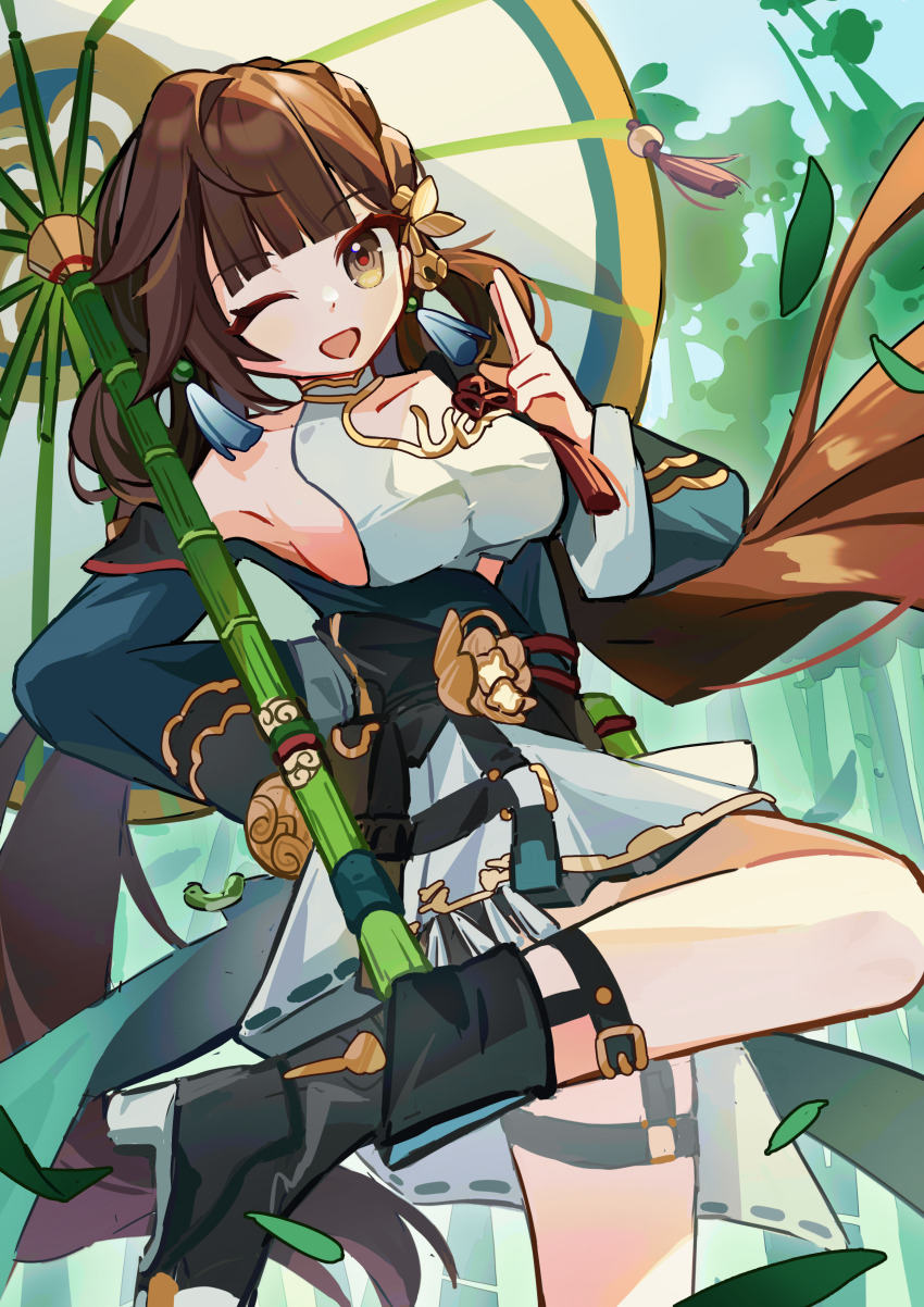 1girl, absurdres, bamboo, black_boots, boots, breasts, brown_eyes, brown_hair