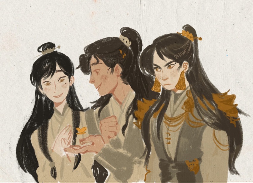 3boys, black_hair, bracer, braid, brown_eyes, brown_hanfu, bug, butterfly
