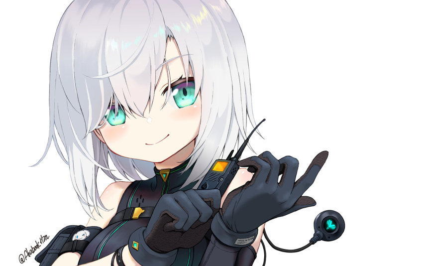 1girl, adjusting_clothes, adjusting_gloves, ars_almal, bare_shoulders, black_gloves, black_shirt, blue_eyes