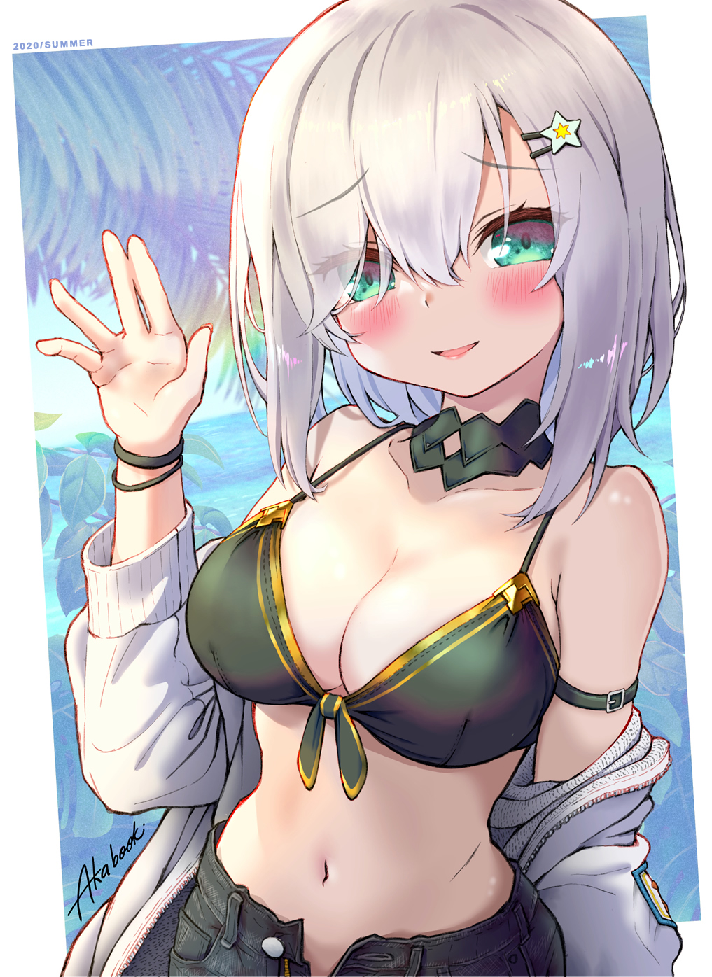 1girl, arm_up, ars_almal, beach, bikini, bikini_top_only, black_bikini, black_choker, blue_eyes, blush, breasts, character_name, choker, cleavage, commentary_request, denim, denim_shorts, front-tie_bikini_top, front-tie_top, gold_trim, hair_ornament, hairclip, highres, jacket, large_breasts, looking_at_viewer, navel, nervous_smile, nijisanji, no_shirt, ocean, open_clothes, open_jacket, palm_tree, short_hair, short_shorts, shorts, shy, smile, solo, swimsuit, tatami_kami, tree, upper_body, virtual_youtuber, white_hair, white_jacket