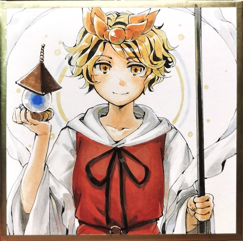 1girl, bishamonten's_pagoda, bishamonten's_spear, black_streaks, hagoromo, hair_ornament, highres, holding