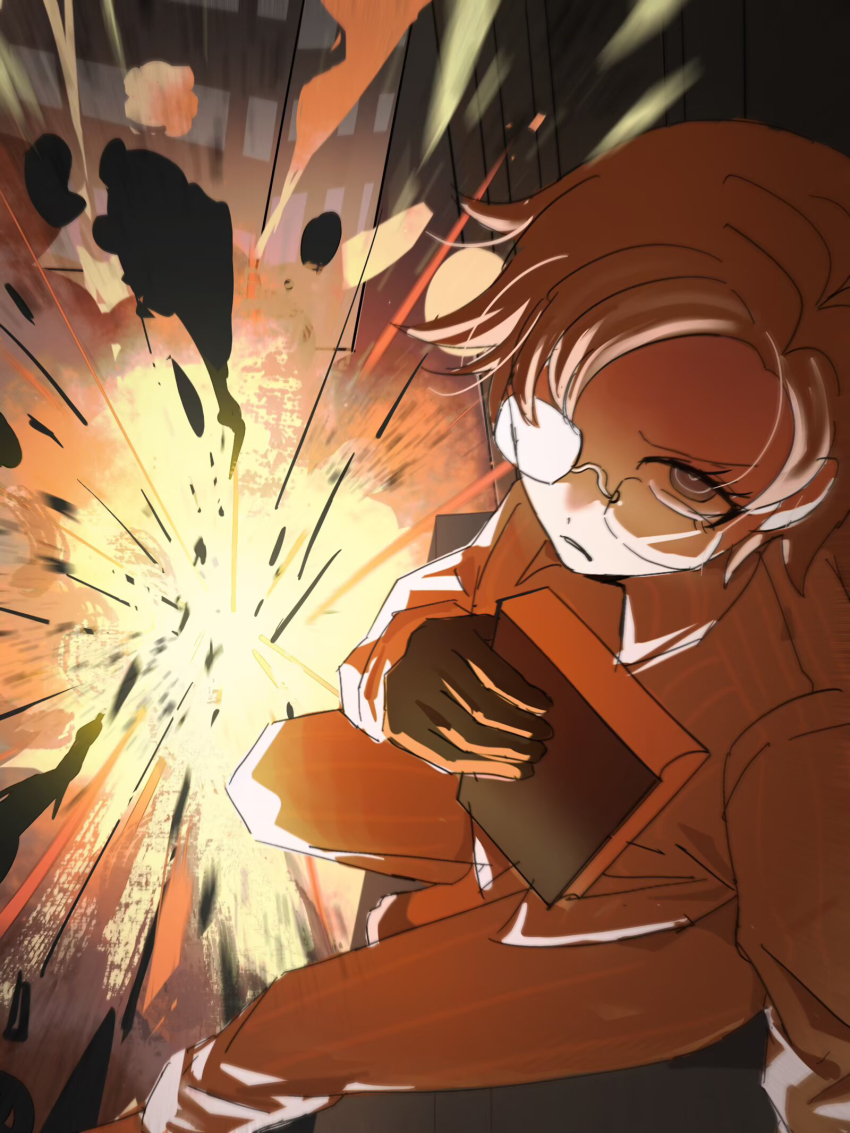 1boy, aged_down, aotsuki_eito, black_gloves, book, chinese_commentary, commentary, explosion