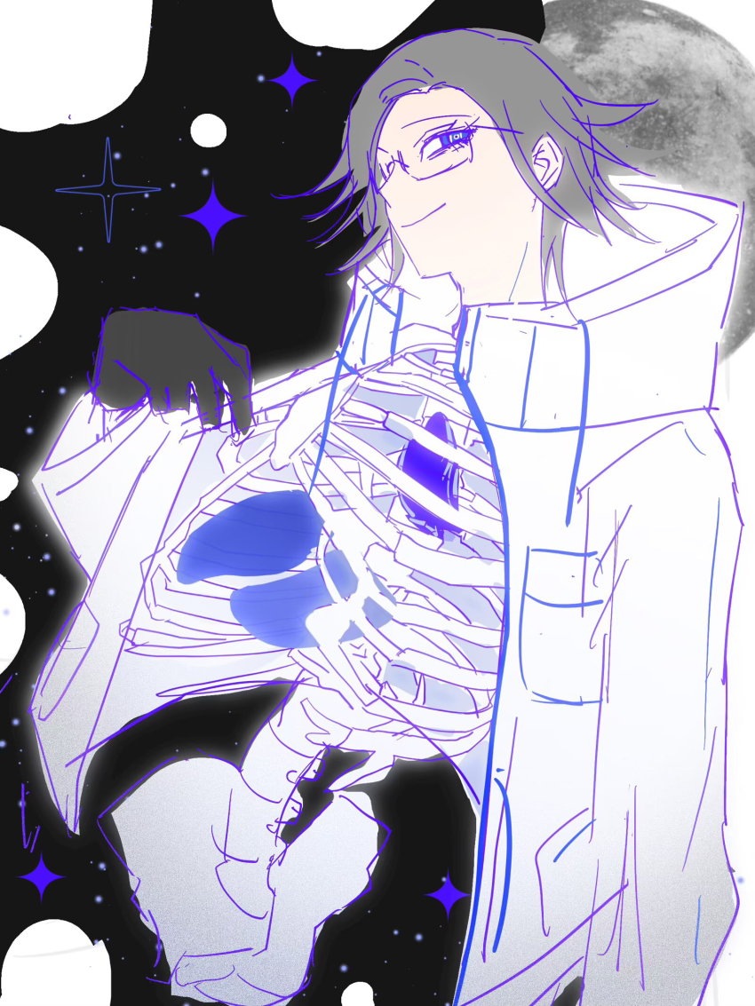 1boy, aotsuki_eito, black_gloves, body_horror, bone, chinese_commentary, commentary, glasses