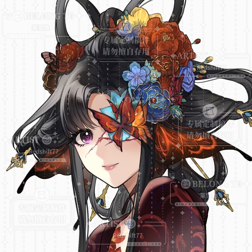 1girl, artist_request, black_hair, blue_flower, into_screen_ashes_burn_(shining_nikki), bow-shaped_hair, butterfly_in_eye, chest_tattoo, chinese_clothes, chinese_commentary, chinese_hairpin, closed_mouth, commentary_request, commission, eyelashes, floral_print, flower, flower_request, flower_tattoo, hair_flower, hair_ornament, hair_rings, hairpin, hanfu, happy, highres, lipstick, long_sidelocks, looking_at_viewer, makeup, multiple_hairpins, nikki_(series), one-eyed, parted_bangs, pink_lips, purple_eyes, red_flower, red_hanfu, sample_watermark, second-party_source, shining_nikki, short_hair_with_long_locks, sidelocks, simple_background, smile, solo, tattoo, too_many_watermarks, updo, upper_body, watermark, watermark_grid, white_background, yellow_flower
