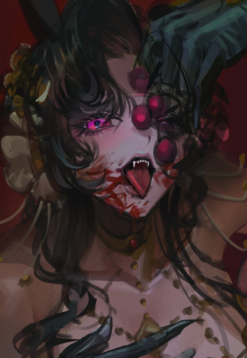 1girl, absurdres, anjo_nala, anjo_nala_(forbidden_fruit), bare_shoulders, black_hair, blood, blood_on_face, collarbone, fangs, food, fruit, gloves, green_gloves, hands_up, highres, holding, holding_food, holding_fruit, long_hair, looking_at_viewer, official_alternate_costume, one_eye_covered, open_mouth, portrait, red_background, reverse:1999, solo, tongue, tongue_out, yuckpo_(jerky_55)