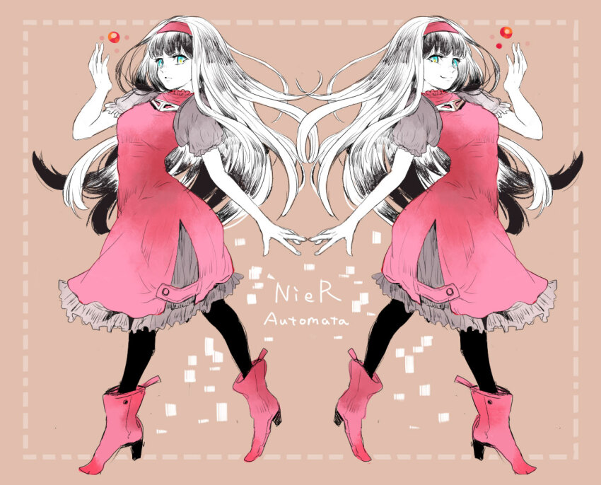 1girl, blue_eyes, boots, closed_mouth, dress, dual_persona, full_body, hairband