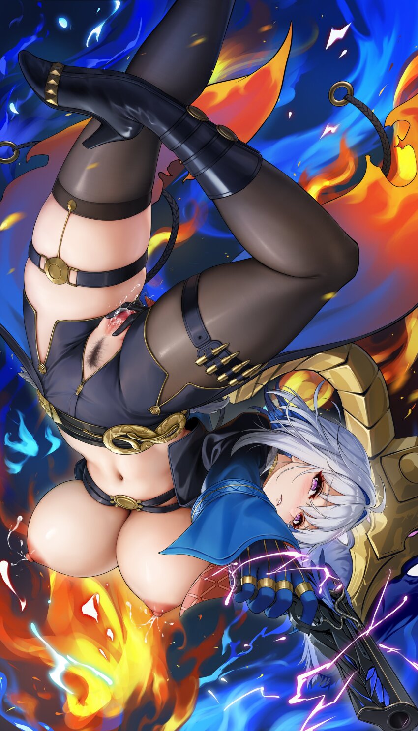 1girl, absurdres, aiming, aiming_at_viewer, black_boots, black_jacket, black_pantyhose, black_shorts, black_thighhighs, boots, breasts, chimera_(wuthering_waves), cropped_jacket, electricity, galbrena_(wuthering_waves), grey_hair, gun, high_heel_boots, high_heels, highres, holding, holding_gun, holding_weapon, jacket, large_breasts, medium_hair, navel, niliu_chahui, pantyhose, purple_eyes, shorts, single_leg_pantyhose, single_thighhigh, solo, stomach, tacet_discord_(wuthering_waves), thigh_strap, thighhighs, upside-down, weapon, wuthering_waves