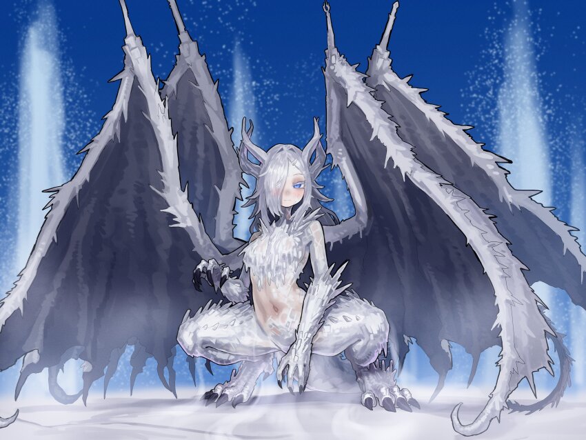 1girl, absurdres, blue_background, breasts, caligo_miasma_of_night, claws, commentary, dragon_girl, ekrea_jan, elden_ring, elden_ring_nightreign, hair_over_one_eye, highres, horns, long_hair, medium_breasts, monster_girl, multiple_wings, navel, squatting, tail, wings