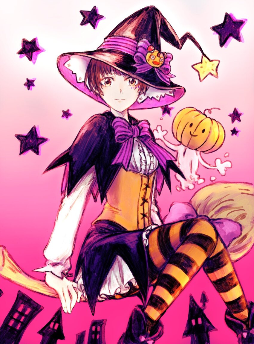 1girl, broom, broom_riding, brown_eyes, brown_hair, closed_mouth, ghost, halloween, hat, highres, looking_at_viewer, mppko, pantyhose, psycho-pass, pumpkin, short_hair, skirt, smile, solo, star_(symbol), striped_clothes, striped_pantyhose, tsunemori_akane, very_short_hair, witch_hat