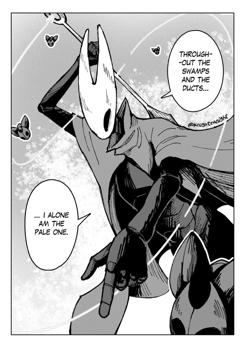 arthropod_girl, artist_name, border, cloak, cogfly_(hollow_knight), english_text, greyscale, highres