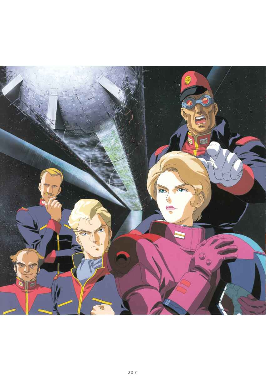 1990s_(style), absurdres, bald, balding, bask_om, blue_scarf, brown_hair, facial_hair, gloves, goggles, gundam, hand_on_own_chin, hat, helmet, highres, holding, holding_unworn_helmet, jamaican_daningan, jerid_messa, kacricon_cacooler, kitazume_hiroyuki, lila_milla_rira, looking_at_viewer, mecha_pilot_suit, military_hat, military_rank_insignia, military_uniform, mustache, o'neill_cylinder, official_art, retro_artstyle, scan, scarf, science_fiction, shouting, smirk, solar_panel, space_helmet, titans_(gundam), traditional_media, unworn_headwear, unworn_helmet, white_gloves, zeta_gundam