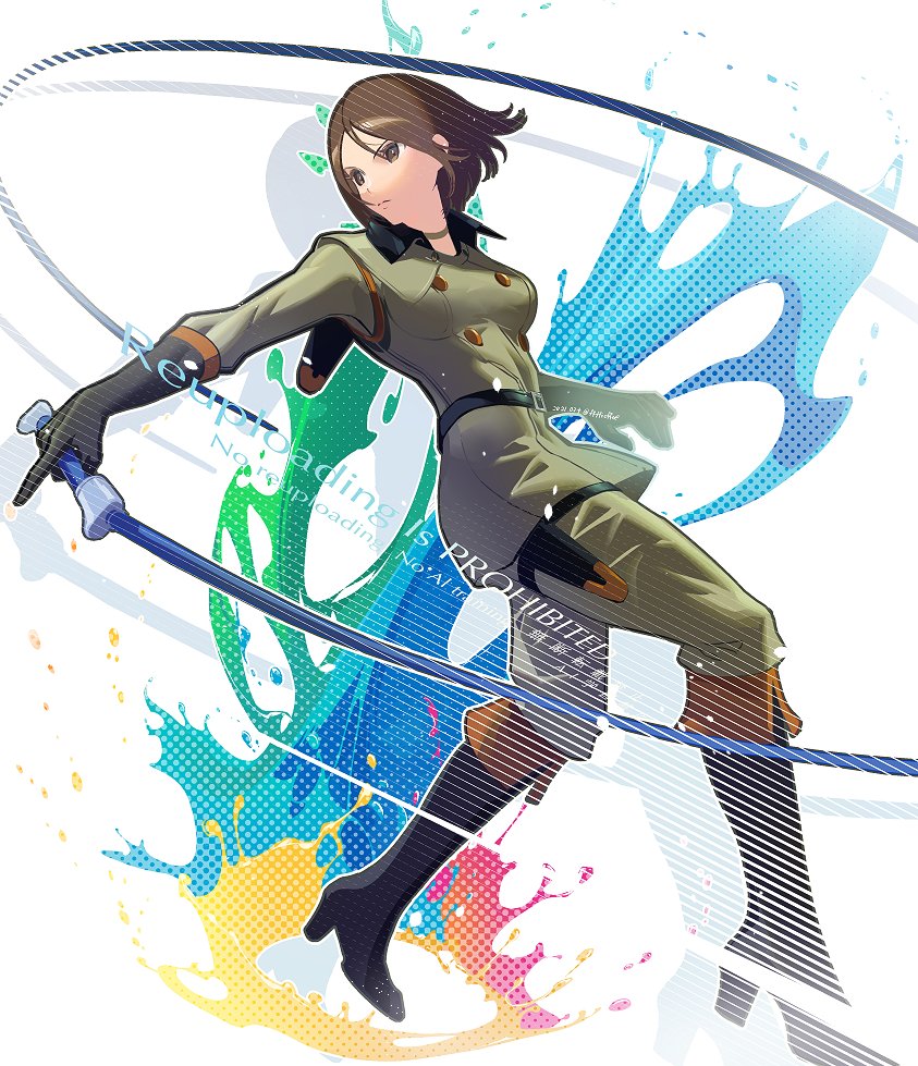 1girl, back_holster, belt, black_belt, black_boots, boots, breasts, brown_eyes