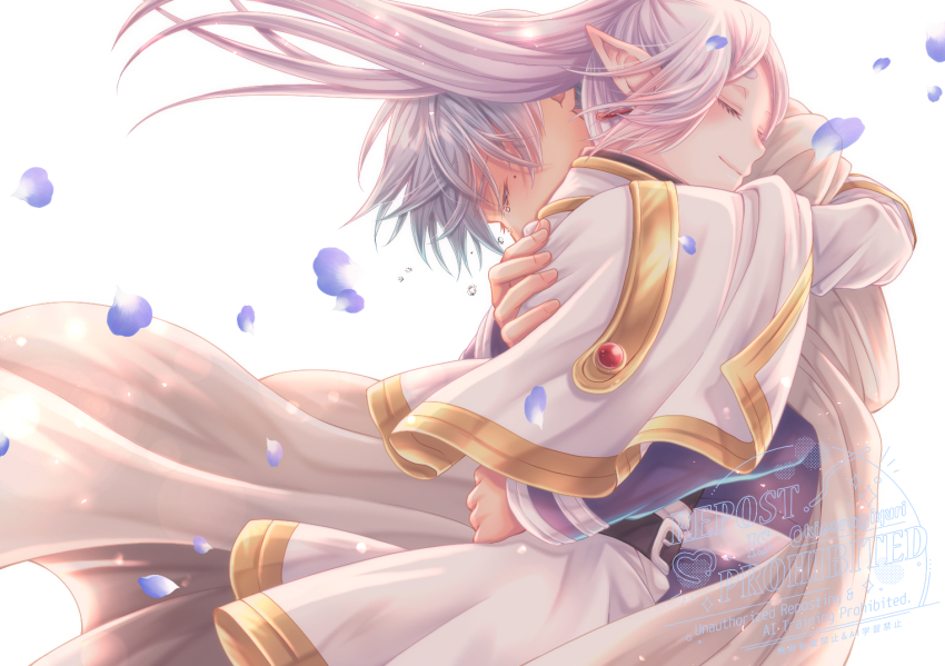 1boy, 1girl, belt, belt_buckle, black_belt, blue_hair, blue_jacket, blue_petals, buckle, capelet, cloak, closed_eyes, couple, crying, earrings, elf, falling_petals, frieren, gold_trim, grey_hair, hair_between_eyes, hetero, himmel_(sousou_no_frieren), hug, jacket, jewelry, kisaragiyuri, light_smile, long_hair, parted_bangs, petals, pointy_ears, short_hair, skirt, sousou_no_frieren, tears, twintails, upper_body, white_background, white_capelet, white_cloak, white_skirt