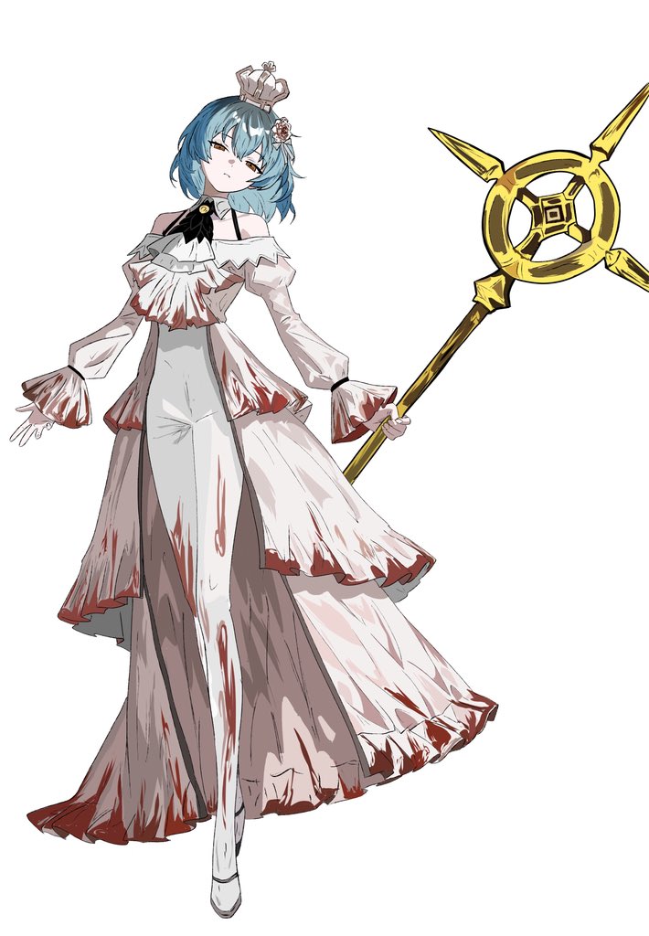 1girl, 218_(niiya), angela_(project_moon), ascot, bare_shoulders, blood, blood_on_clothes, blue_hair