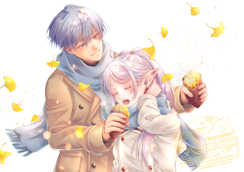 1boy, 1girl, blue_hair, blue_scarf, brown_coat, closed_eyes, coat, couple