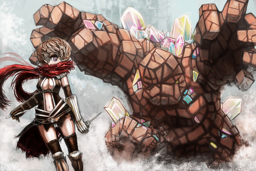 1girl, armor, assassin_cross_(ragnarok_online), black_gloves, black_leotard, black_thighhighs, bradium_golem, breasts, brown_hair, cleavage, commentary_request, cowboy_shot, dagger, elbow_gloves, gloves, golem, grey_background, grey_eyes, hair_over_one_eye, holding, holding_dagger, holding_knife, holding_weapon, ice_pick, knife, leotard, looking_back, medium_breasts, naoki_(naoieo), navel, pauldrons, ragnarok_online, red_scarf, revealing_clothes, scarf, short_hair, shoulder_armor, solo, standing, thighhighs, torn_clothes, torn_scarf, vambraces, weapon