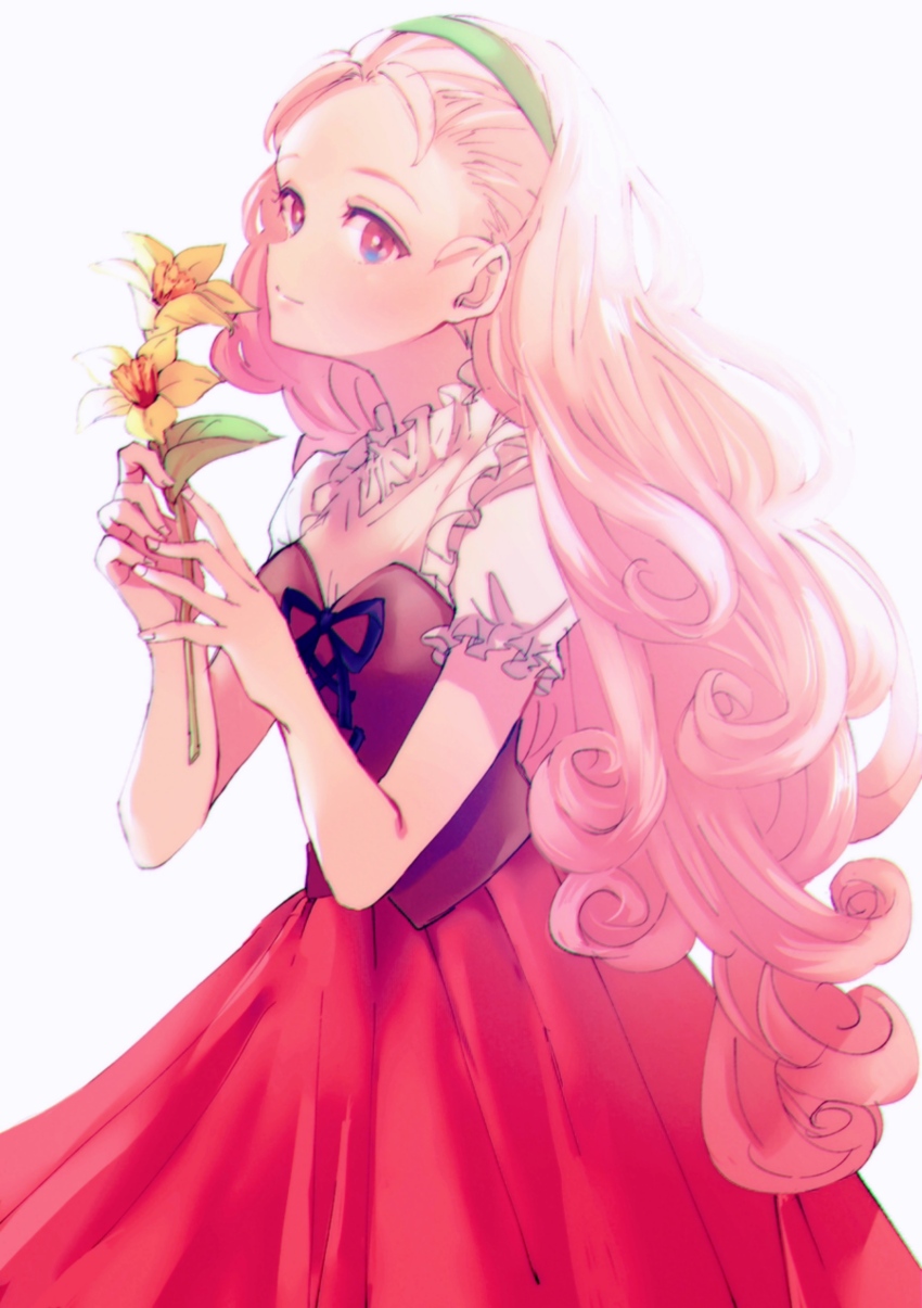 1girl, absurdres, bokujou_monogatari, bokujou_monogatari_2, closed_mouth, commentary_request, flower, green_hairband, hairband, highres, holding, holding_flower, long_hair, pink_hair, popuri_(bokujou_monogatari), puffy_short_sleeves, puffy_sleeves, red_skirt, roji_(c2263r), short_sleeves, simple_background, skirt, smile, solo, white_background, yellow_flower