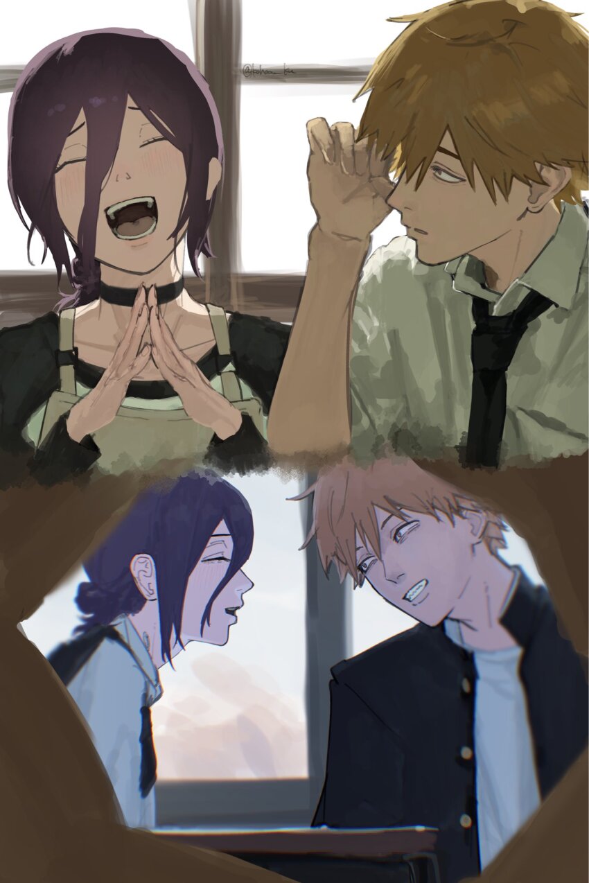 1boy, 1girl, apron, black_choker, black_necktie, chainsaw_man, choker, collared_shirt