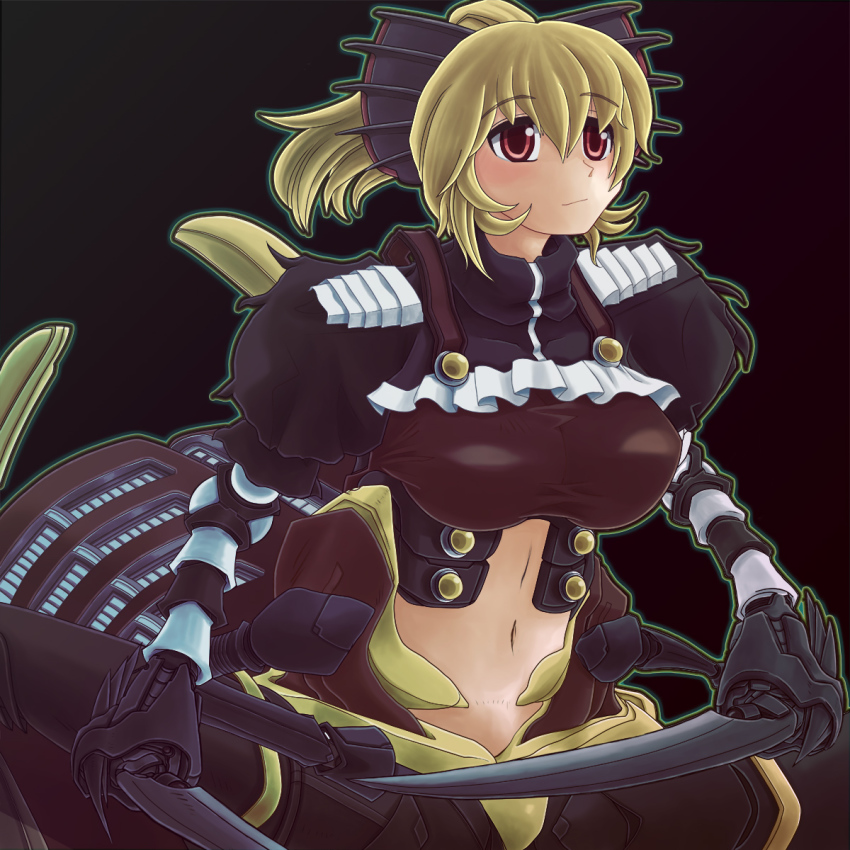 1girl, blonde_hair, bow, breasts, female_focus, hair_bow, highres, jade_(zbbc), jade_x, kurodani_yamame, large_breasts, machine, navel, ponytail, red_eyes, short_hair, simple_background, solo, touhou