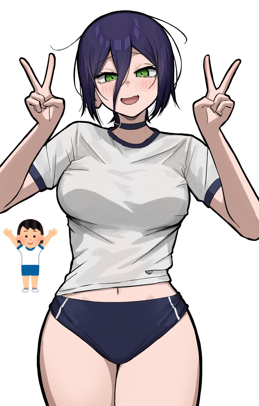 1girl, absurdres, aguxxxuu, black_choker, blue_buruma, breasts, buruma, chainsaw_man