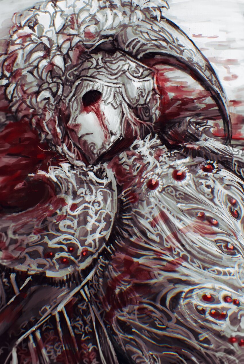 1boy, armor, blood, bloody_tears, closed_mouth, death, elden_ring, gem