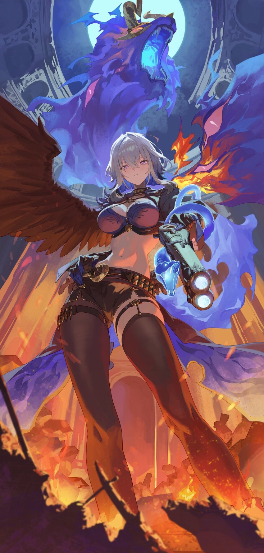 1girl, asymmetrical_wings, belt, black_jacket, black_shorts, blue_bra, blue_hands, bra