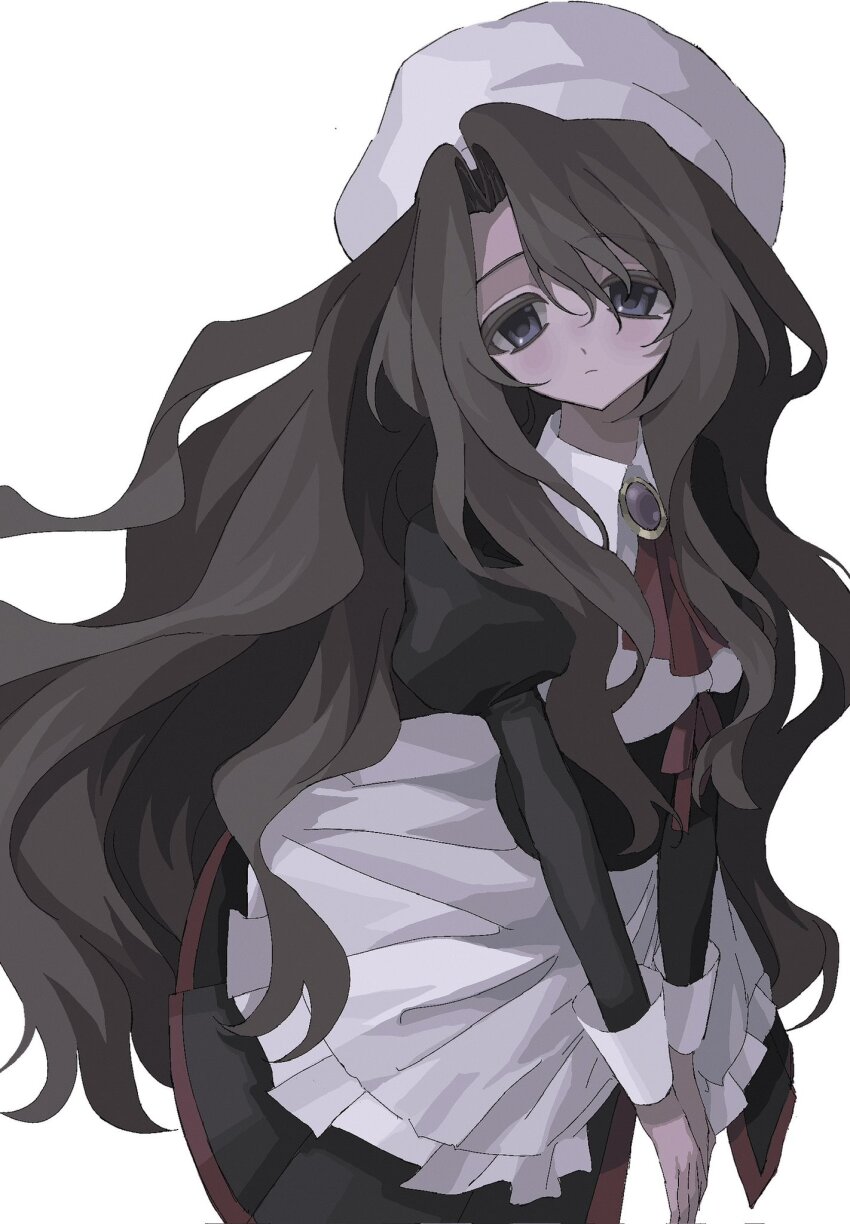 1girl, apron, ascot, blue_eyes, blush, brown_hair, closed_mouth, hat