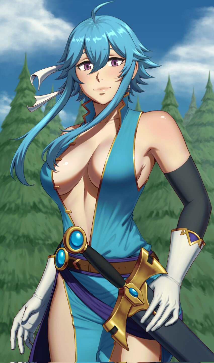 1girl, ahoge, armpits, belt, blue_hair, blue_sky, blue_tunic, blush