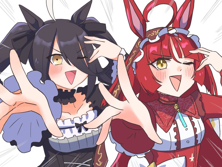 2girls, ahoge, animal_ears, black_dress, black_hair, black_ribbon, blunt_bangs, borrowed_hairstyle