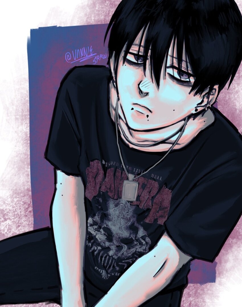 1boy, alternate_costume, bags_under_eyes, black_hair, black_pants, blush, closed_mouth, earrings