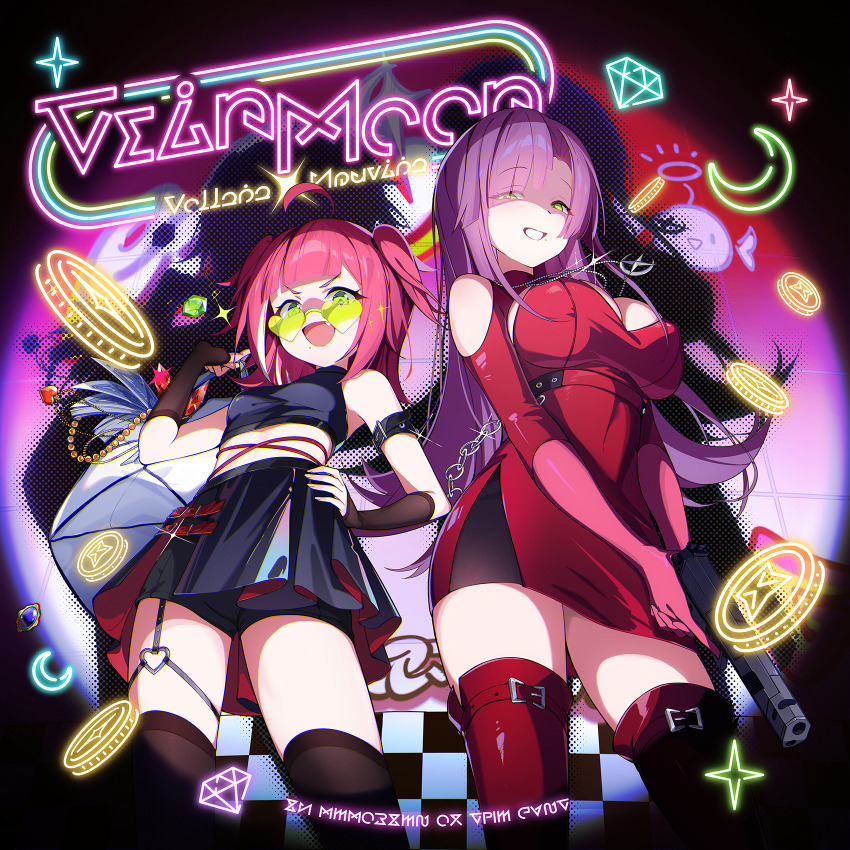 2girls, album_cover, black_gloves, black_shirt, black_shoes, black_thighhighs, breasts, cleavage, cover, covered_erect_nipples, dress, evil_grin, evil_smile, fang, fingerless_gloves, game_cg, gloves, green-tinted_eyewear, green_eyes, grin, gun, half-closed_eyes, hand_on_own_hip, handgun, heart, heart-shaped_eyewear, heart_o-ring, highres, holding, holding_gun, holding_weapon, large_breasts, long_hair, looking_at_viewer, medium_hair, midriff, miniskirt, mole, mole_under_mouth, multiple_girls, neon_lights, neon_sign, neuvira_(stella_sora), non-web_source, o-ring, official_alternate_costume, official_art, overskirt, purple_hair, red_dress, red_hair, red_shrug, red_thighhighs, self-datamine, shirt, shoes, short_dress, shrug_(clothing), siblings, sisters, skirt, small_breasts, smile, spotlight, stella_sora, sunglasses, thighhighs, tinted_eyewear, two-sided_fabric, two-sided_skirt, two_side_up, v-shaped_eyebrows, very_long_hair, vollara_(stella_sora), weapon