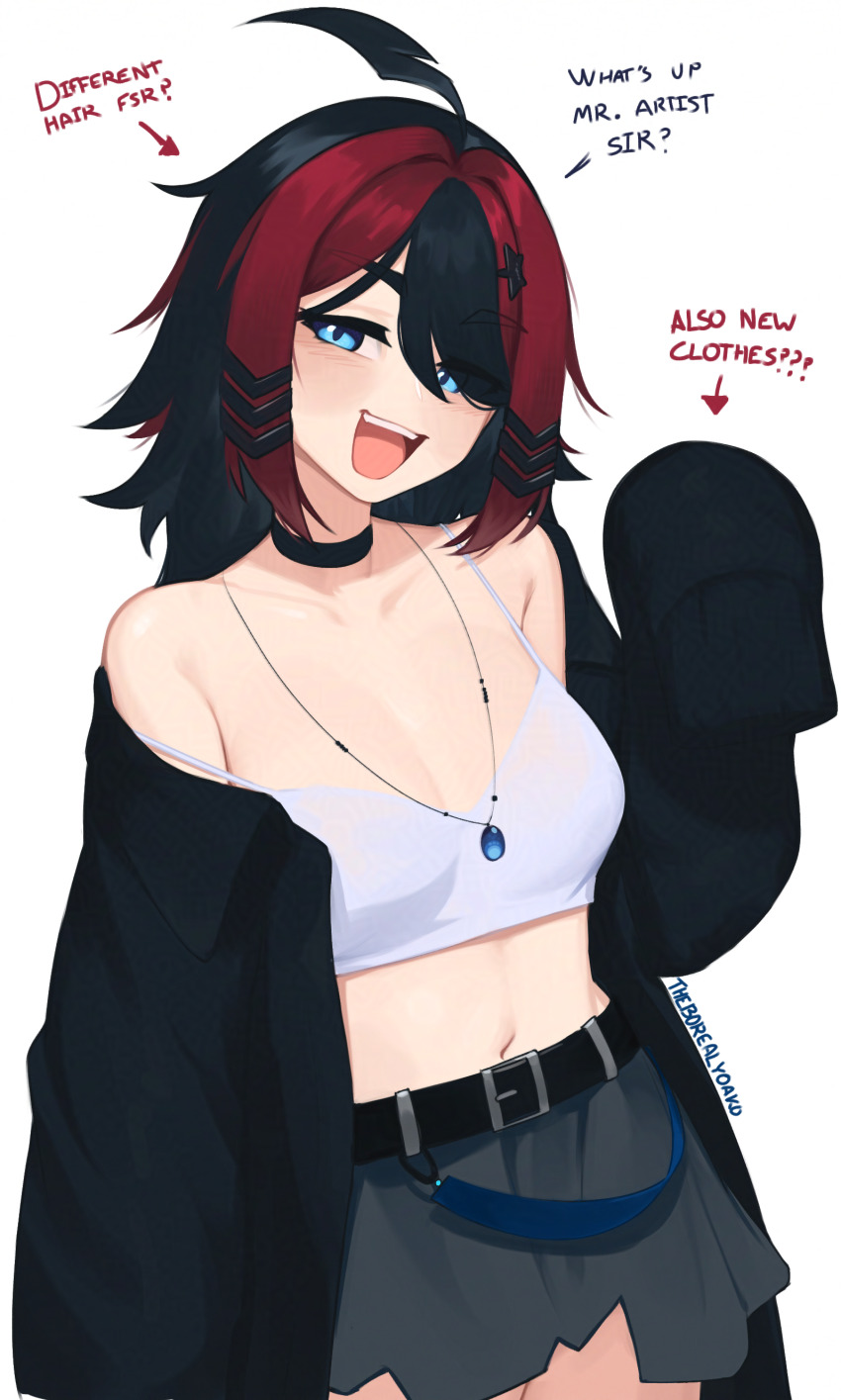 1girl, :d, absurdres, aegis-link, ahoge, alternate_hair_color, artist_name, belt