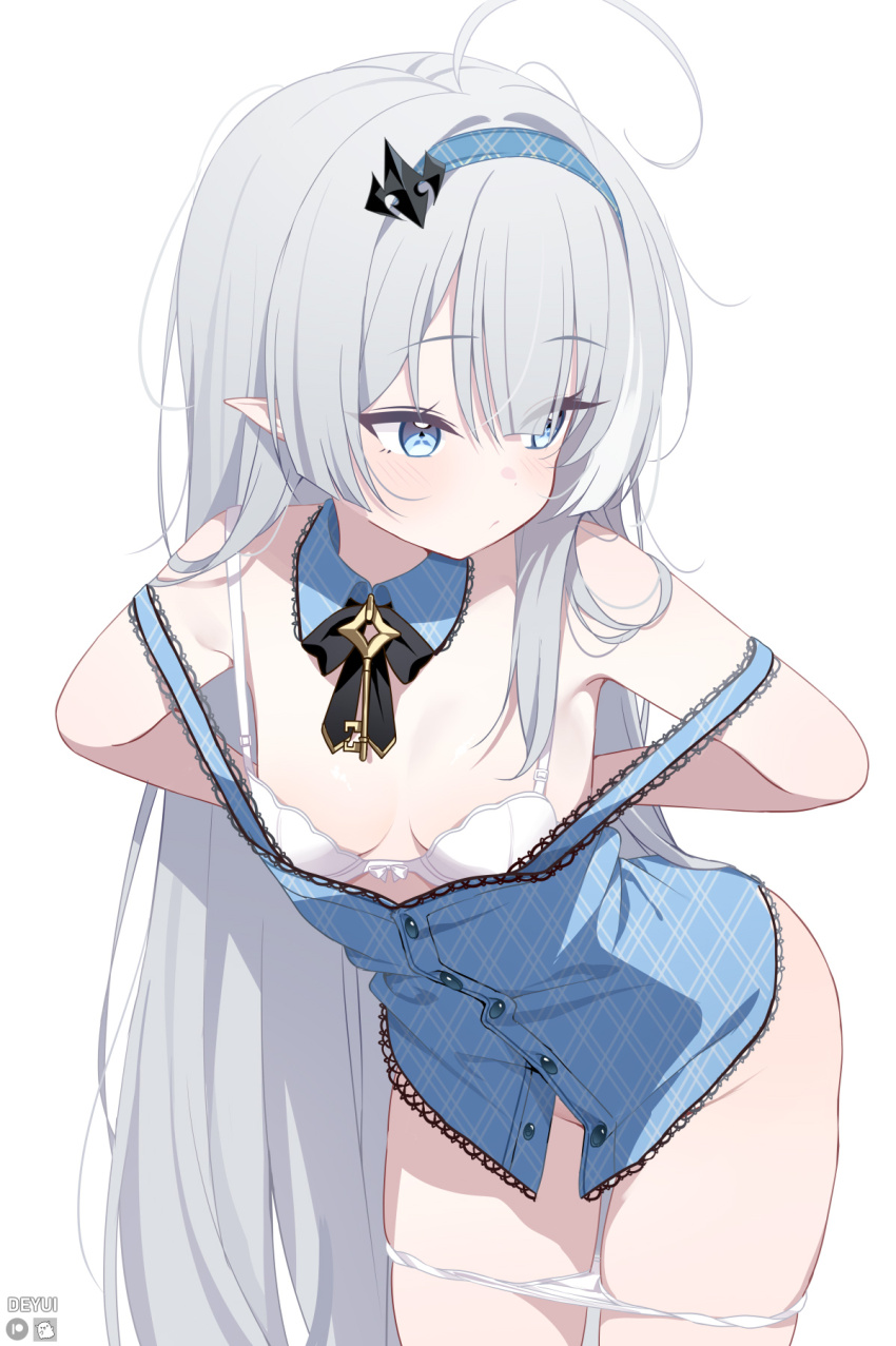 1girl, ahoge, artist_name, blue_eyes, blue_hairband, bra, breasts, commentary, cowboy_shot, detached_collar, deyui, female_tyrant_(stella_sora), grey_hair, groin, hair_over_shoulder, hairband, highres, leaning_forward, long_hair, long_sleeves, looking_to_the_side, off_shoulder, panties, panty_pull, pointy_ears, removing_bra, simple_background, small_breasts, solo, stella_sora, thighs, tyrant_(stella_sora), underwear, undressing, very_long_hair, white_background, white_bra