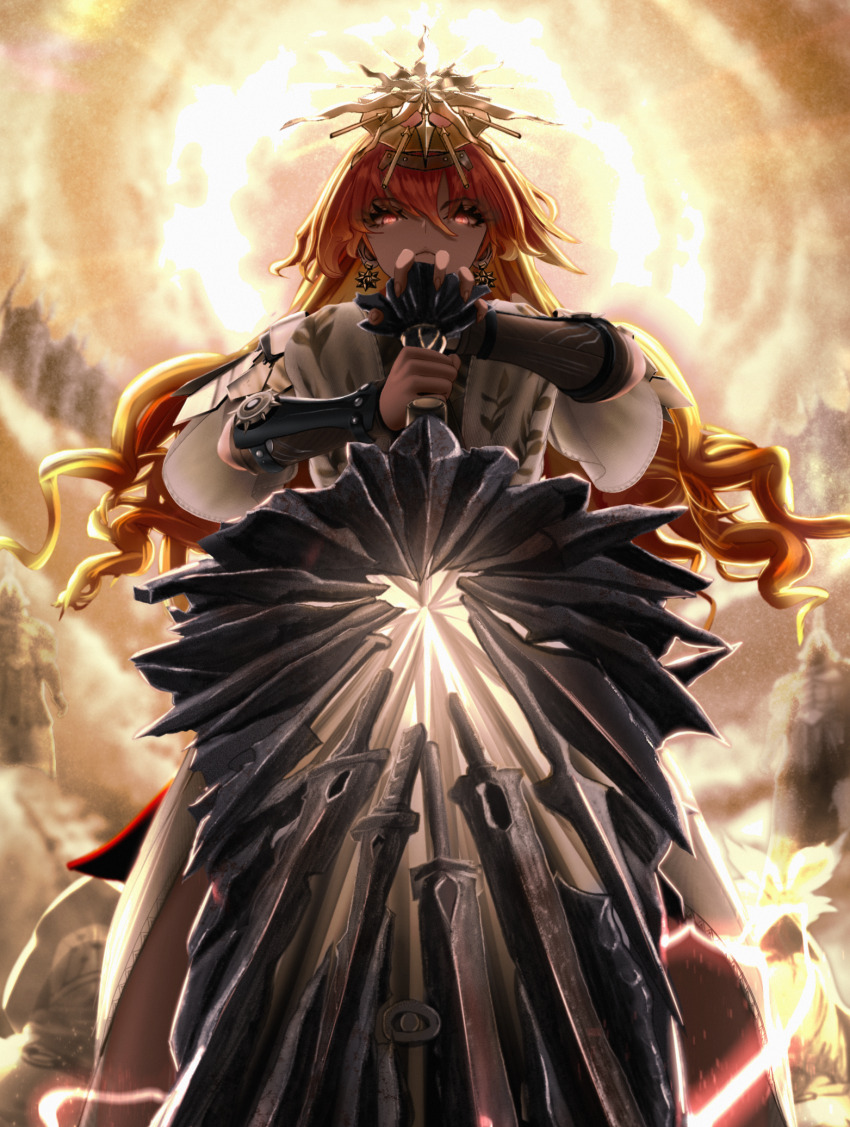 1girl, arm_armor, augusta_(wuthering_waves), commentary, earrings, electricity, english_commentary, from_below