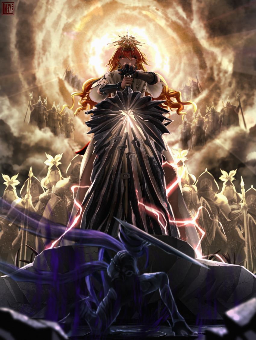 1girl, absurdres, arm_armor, augusta_(wuthering_waves), commentary, earrings, electricity, english_commentary, false_sovereign_(wuthering_waves), from_below, greatsword, hair_between_eyes, headgear, highres, holding, holding_sword, holding_weapon, jewelry, long_hair, looking_at_viewer, looking_down, orange_hair, red_eyes, ryanofstatefarm, sun_earrings, sword, tacet_discord_(wuthering_waves), two-handed, weapon, wuthering_waves