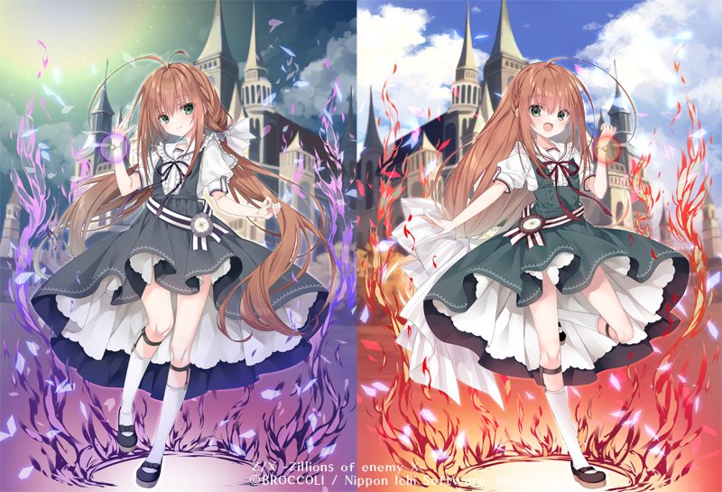 2girls, ahoge, antenna_hair, black_dress, black_shoes, bow, brown_hair, castle