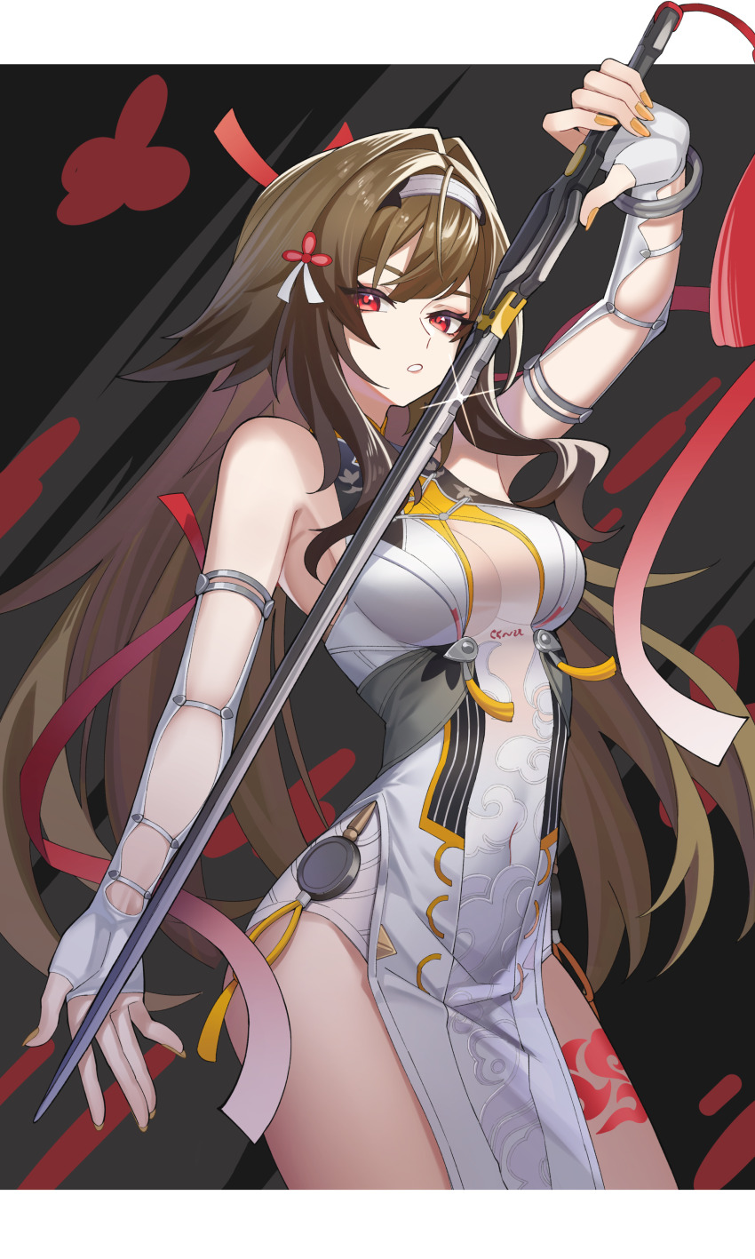 1girl, absurdres, animal_ears, bare_shoulders, black_background, breasts, brown_hair, china_dress