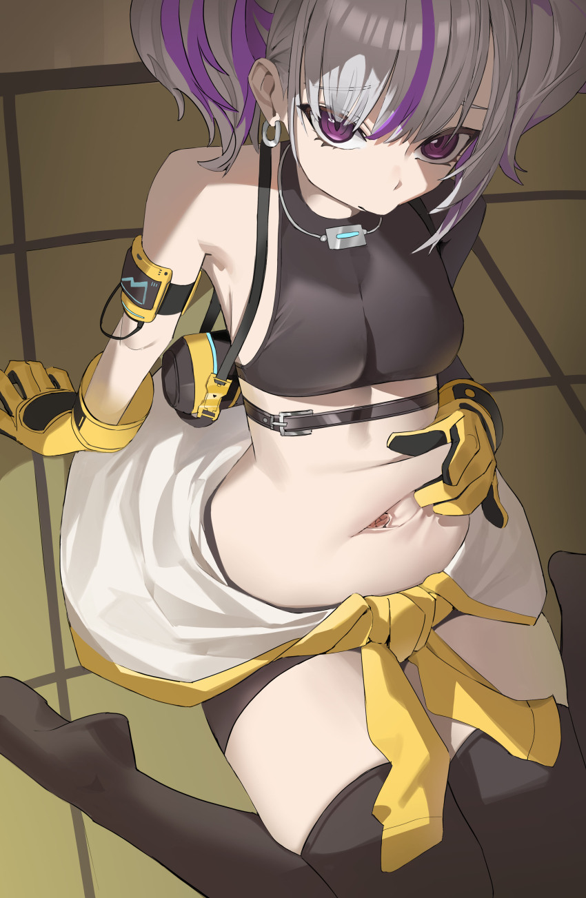 1girl, absurdres, arm_support, armpits, bag, bike_shorts, black_shirt, black_thighhighs