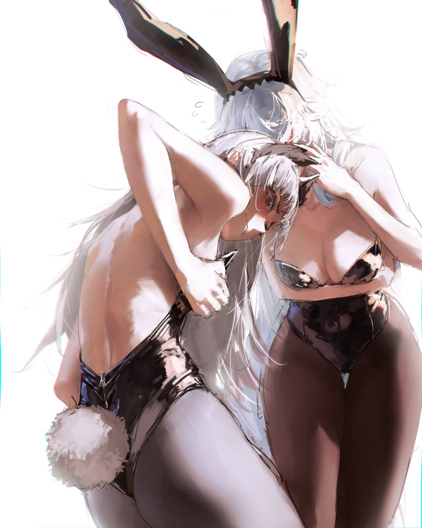 2girls, absurdres, alternate_costume, animal_ears, arknights, back, bare_arms, bare_back