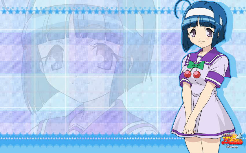 1girl, ahoge, bare_legs, blue_background, blue_hair, blue_theme, blunt_ends, bob_cut, bow, bowtie, breasts, cherry_ornament, closed_mouth, commentary, company_name, copyright_name, cowboy_shot, curled_fingers, cut_bangs, dress, green_bow, green_bowtie, grid_background, hairband, highres, inverted_bob, kaitou_tenshi_twin_angel, kannazuki_aoi, large_breasts, legs_together, looking_at_viewer, official_art, pleated_dress, puffy_short_sleeves, puffy_sleeves, purple_dress, purple_eyes, purple_sailor_collar, purple_serafuku, sailor_collar, school_uniform, second-party_source, serafuku, short_dress, short_hair, short_sleeves, sleeve_cuffs, smile, solo, split_mouth, standing, star_(symbol), star_symbol_background, summer_uniform, tareme, twin_angel, v_arms, white_hairband, zoom_layer