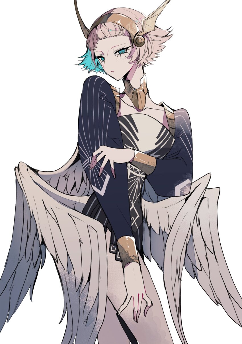 1girl, angel_wings, blue_eyes, bright_pupils, collarbone, hairband, highres, metaphor:_refantazio