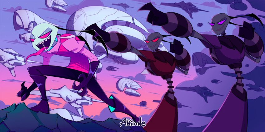 alien, almighty_tallest_purple, almighty_tallest_red, antennae, bald, black_boots, black_gloves, black_pants, boots, colored_skin, derivative_work, evil_grin, evil_smile, eyeshadow, fewer_digits, gauntlets, gloves, green_skin, grin, invader_zim, invader_zim:_enter_the_florpus, irken, irken_uniform, long_tongue, makeup, nickelodeon, open_mouth, pants, pink_eyes, pink_shirt, pointing, purple_eyes, red_eyes, saliva, screenshot_redraw, sharp_teeth, shirt, smile, spacecraft, teeth, tongue, tongue_out, war, yoyochaan, zim_(invader_zim)