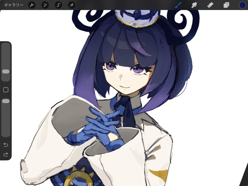 1girl, art_program_in_frame, black_hair, blue_gloves, blunt_bangs, closed_mouth, eyelashes, gloves