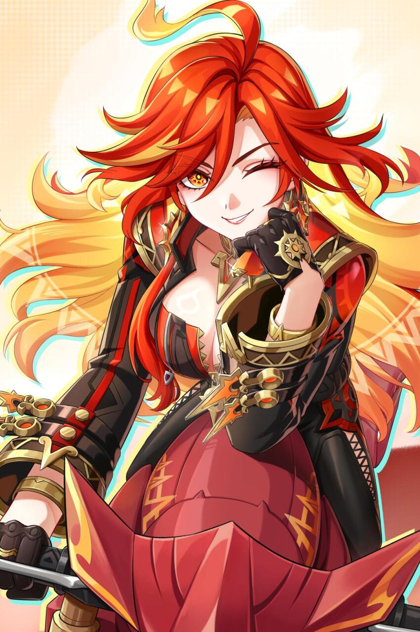 1girl, ahoge, bad_source, black_gloves, blonde_hair, bracelet, breasts, cleavage