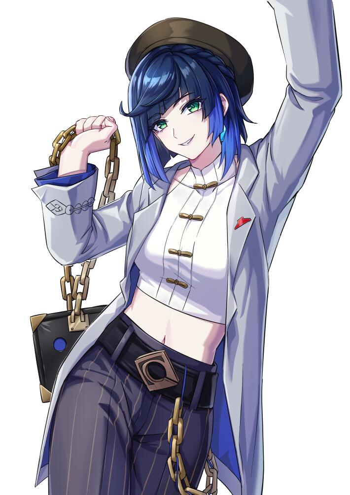 1girl, alternate_costume, arm_up, bad_source, bag, belt, beret, black_belt