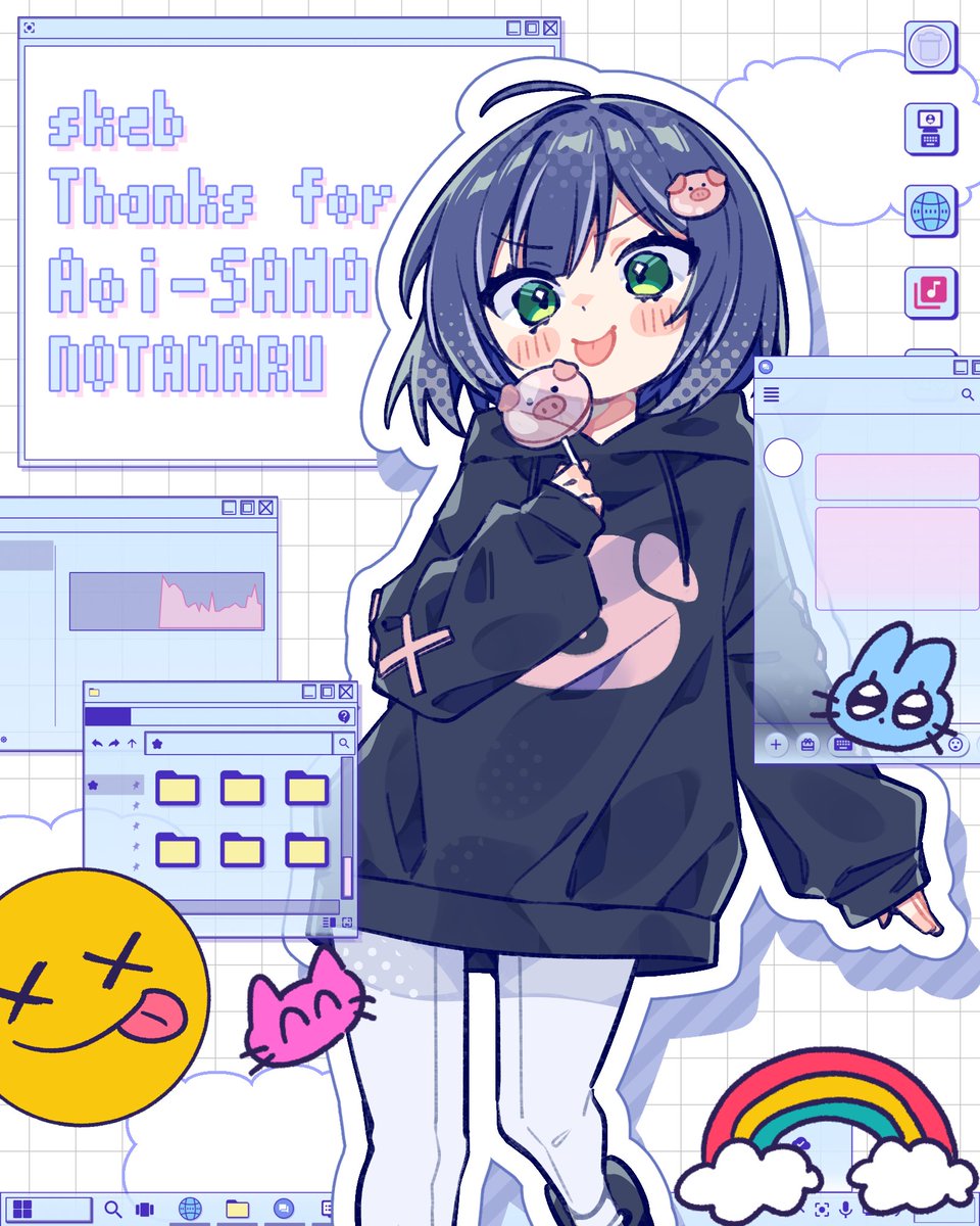 1girl, ahoge, animal-themed_food, black_hoodie, blue_hair, blush_stickers, candy, character_request