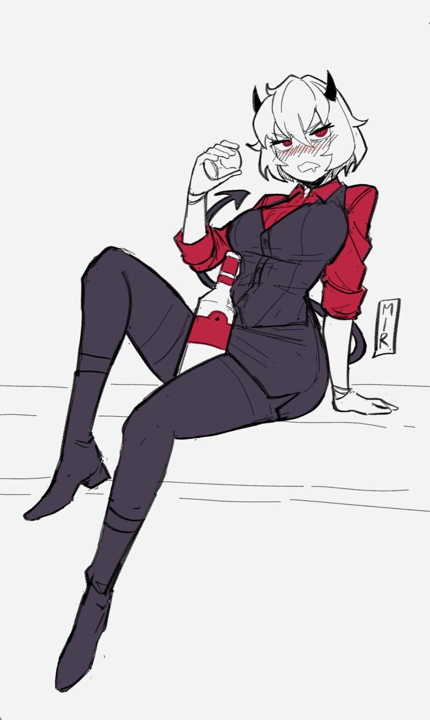 alcohol, annoyed, arm_support, between_thighs, black_skirt, black_vest, blush, bottle_between_thighs